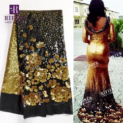 Beautiful Flower Sequined Net Lace Fabric Gold And Other Sequins Embroidered Wedding Fabric African 2018 New Design Net Laces