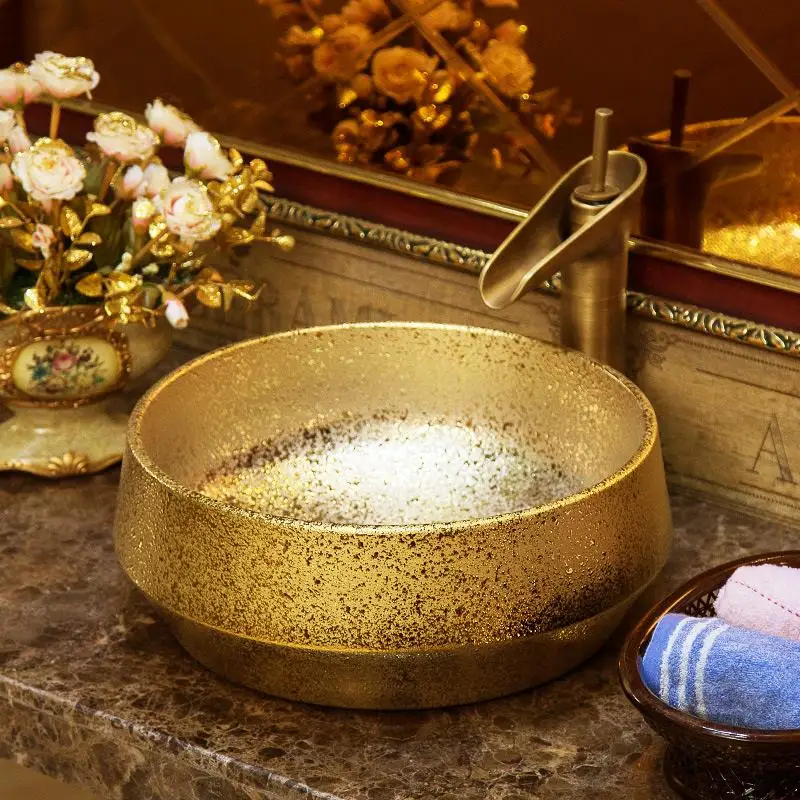 

Gold Handmade Europe Style Lavobo Ceramic Bathroom Luxurious Artistic Bathroom Sink Countertop bathroom wash basin