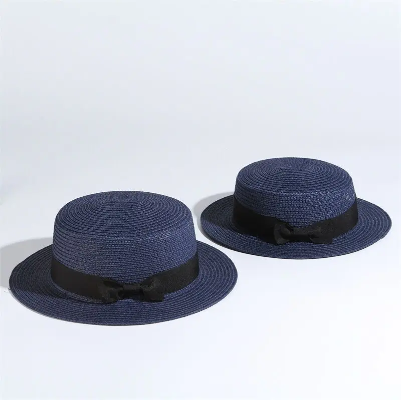 Chapeau de soleil simple pour parents et enfants, fait à la main, avec nœud, pour femmes, casquette de paille, de plage, à grand bord, décontracté, pour filles, été, 2019