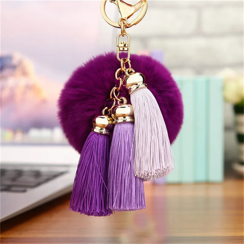 Fashion Fluffy Rabbit Fur Pompom Ball Key Chain For Women Gradient Color Tassels Keychain On Bag Car Trinket Jewelry Party Gift