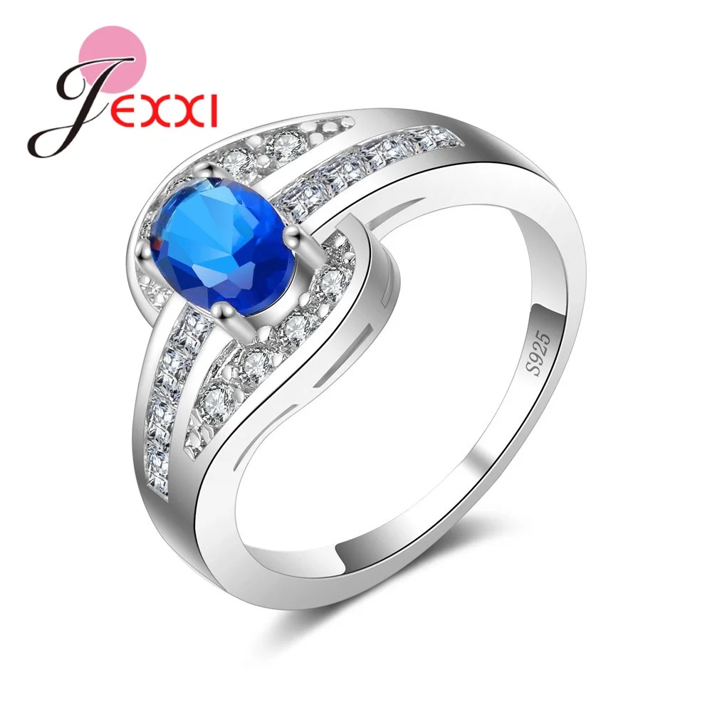 Genuine 925 Sterling Silver Blue Crystal Rings for Women Cubic Zirconia Classic Trendy for Party and Valentine Day Gift