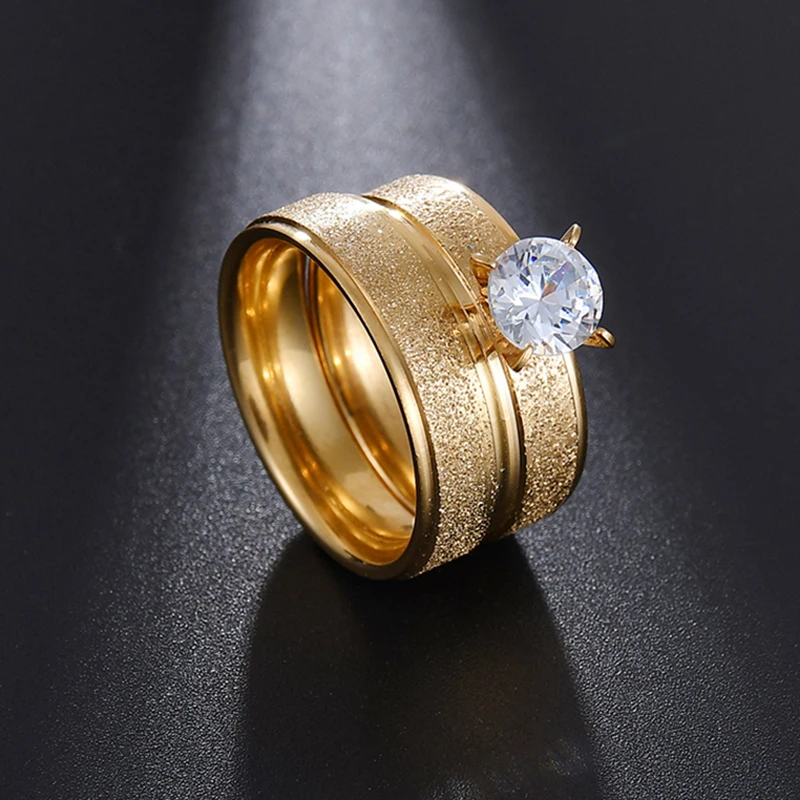 Auxauxme Bling White Stones Engagement Rings for Couples Golden Titanium Steel Romantic Wedding Ring Women Men Jewelry