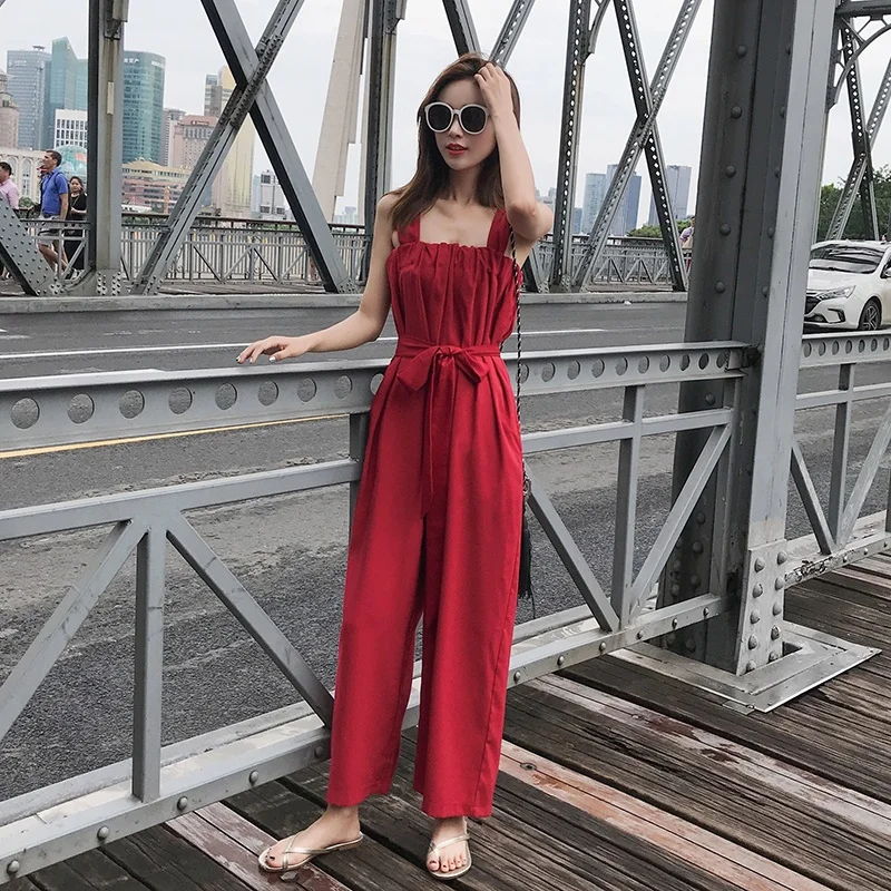 สีแดง Bohemian Jumpsuit 2019 ฤดูร้อนใหม่ Strappy Bohemian พรรค Rompers Beach VINTAGE ยาวขากว้าง Overalls Playsuits กางเกง DD1987