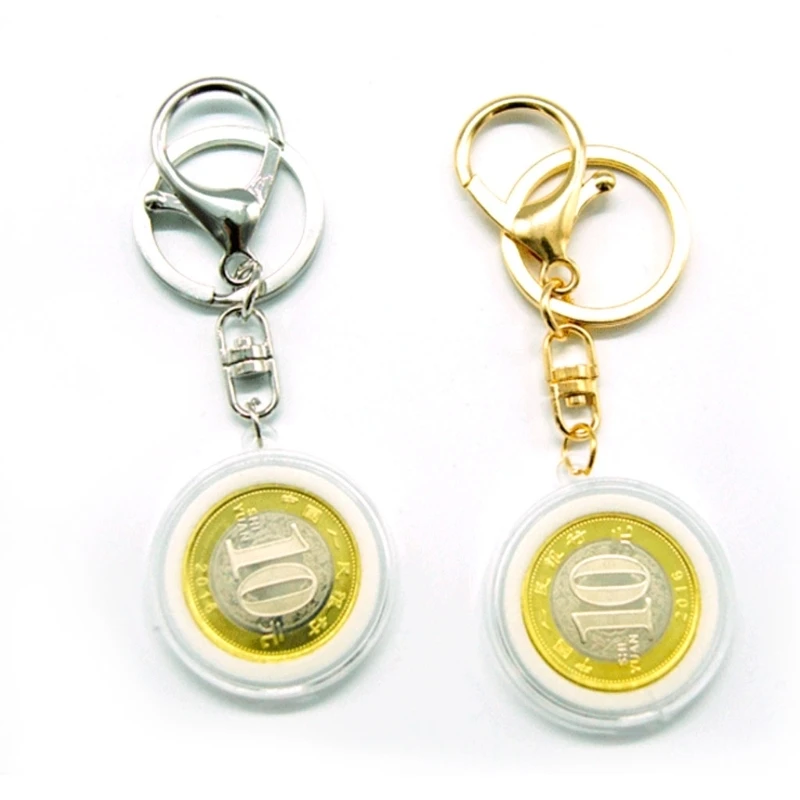 Clear Acrylic Coin Holder Capsule with Pad Ring Keyring, Alloy Keychain, 30mm, 27mm