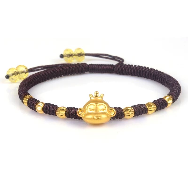 Pure 24K Yellow Gold Bracelet Women Men 3D Zodiac Monkey Bead Brown Rope Bracelet 6.3inchL