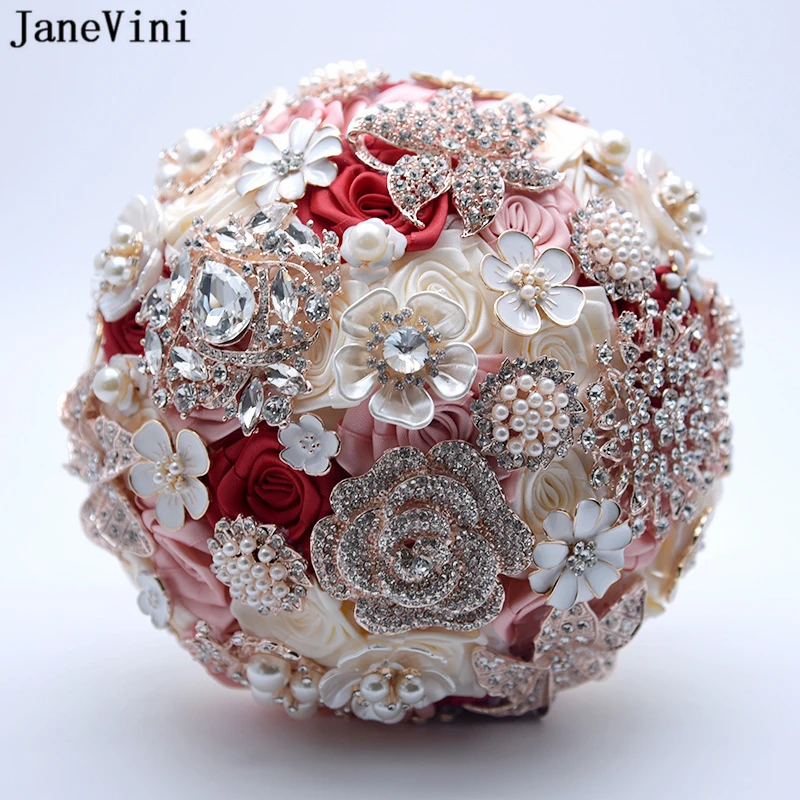 JaneVini New Handmade Luxurious Burgundy Flowers Bridal Bouquet Rhinestones Women Wedding Accessories Bouquet Rose Artificielle