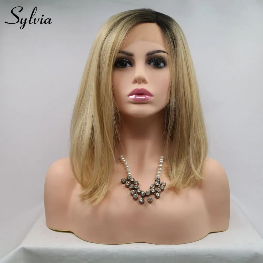 

Sylvia Bob Wig Short Hair Blonde Synthetic Lace Front Wig With Dark Root Straight Bob Wigs For Women Heat Resistant Glueless Wig