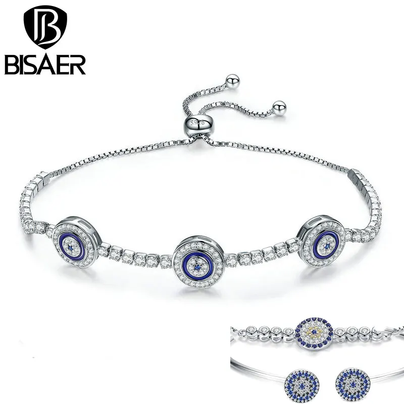 BISAER 925 Sterling Silver Lucky Blue Demon Eyes Bracelet Evil Eyes Chain Women Tennis Adjustable Bracelets Fine Jewelry ECB00