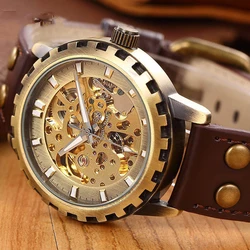 Brand Leather Band Men Male Military Clock Automatic Skeleton Mechanical Watch self wind Vintage luxury Steampunk Style Watch