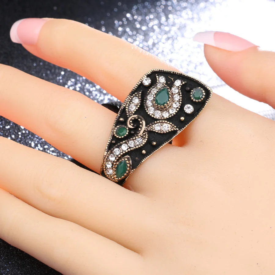 Kinel Unique Vintage Wedding Ring Jewelry Black Enamel Color Ancient Gold Party Blue Rings For Women Luxury Crystal Gifts