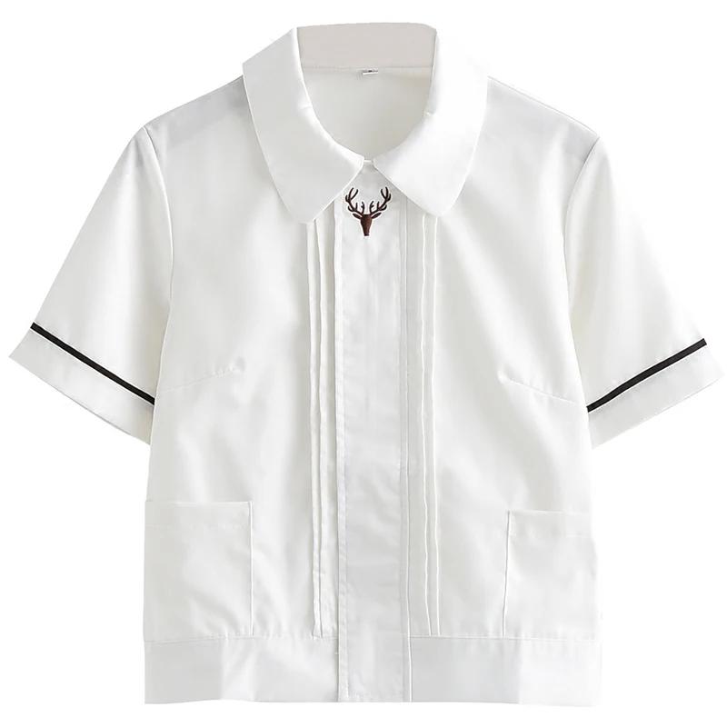 

Japanese School Girls lovely Embroidery deer head white short sleeve shirt Front zipper casual Tops JK Cosplay