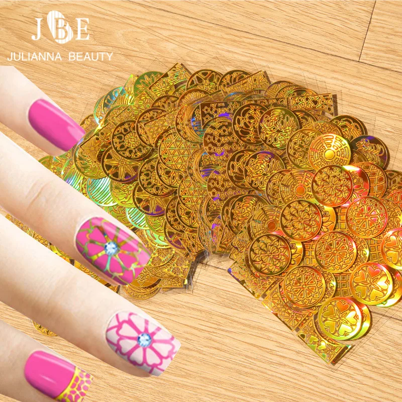 New 24 Sheets/Pack Round Laser Hollow 3D Nail Stickers Stencils,French Style Nail Art Creative Hollow Golden Template Design