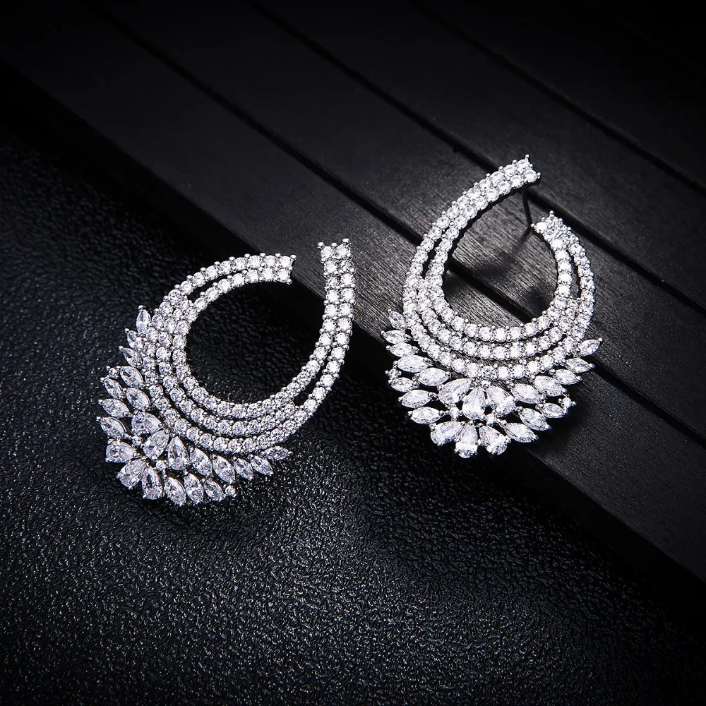 50MM Original Luxury AAA Cubic Zirconia Brand New Flower U Shape Big Stud Earrings for Women Gift Drop shipping E7317