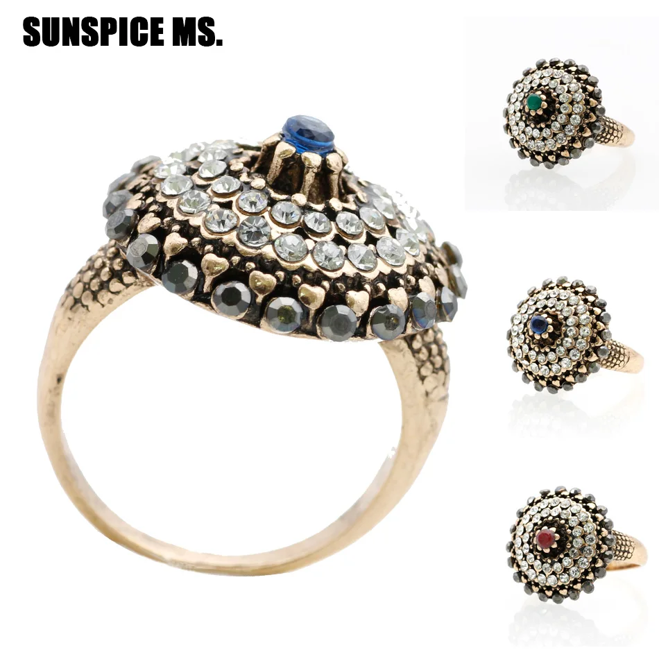 SUNSPICE MS. Luxury Turkish Full Rhinestone Ring Vintage Crystal Antique Rings For Women Gold Color Wedding Gift Indian Jewelry