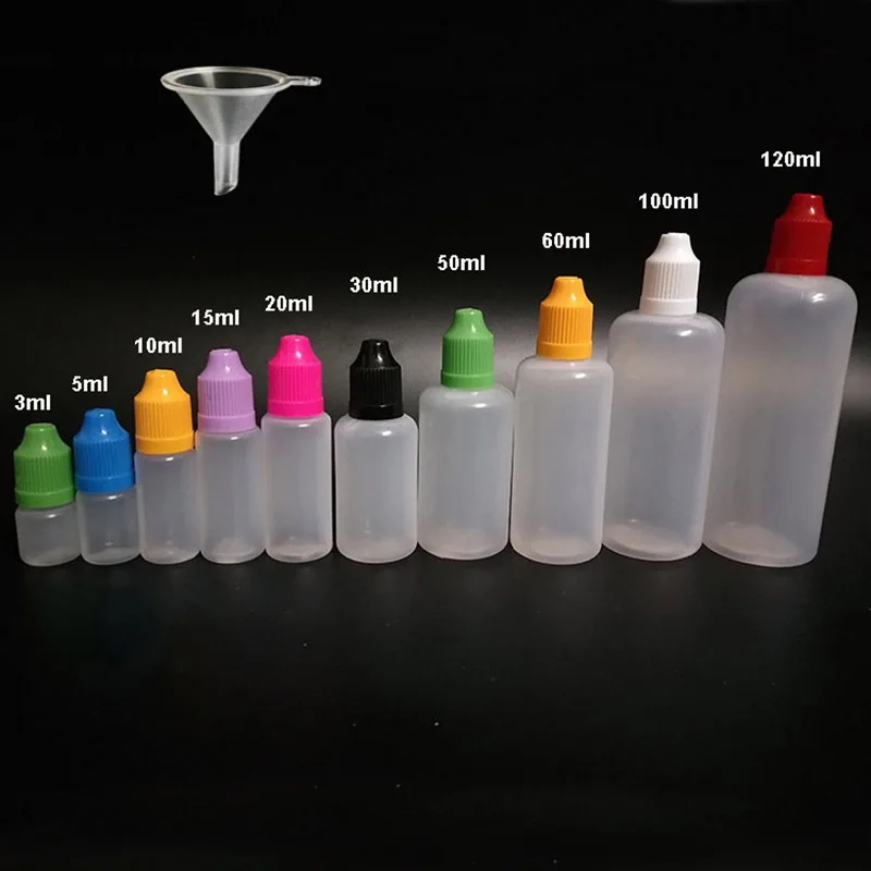 50pcs 5ml 10ml 15ml 20ml 30ml 50ml 60ml 100ml 120ml PE Plastic E liquid Dropper Bottle With Childproof Cap for Nail Gel + funnel