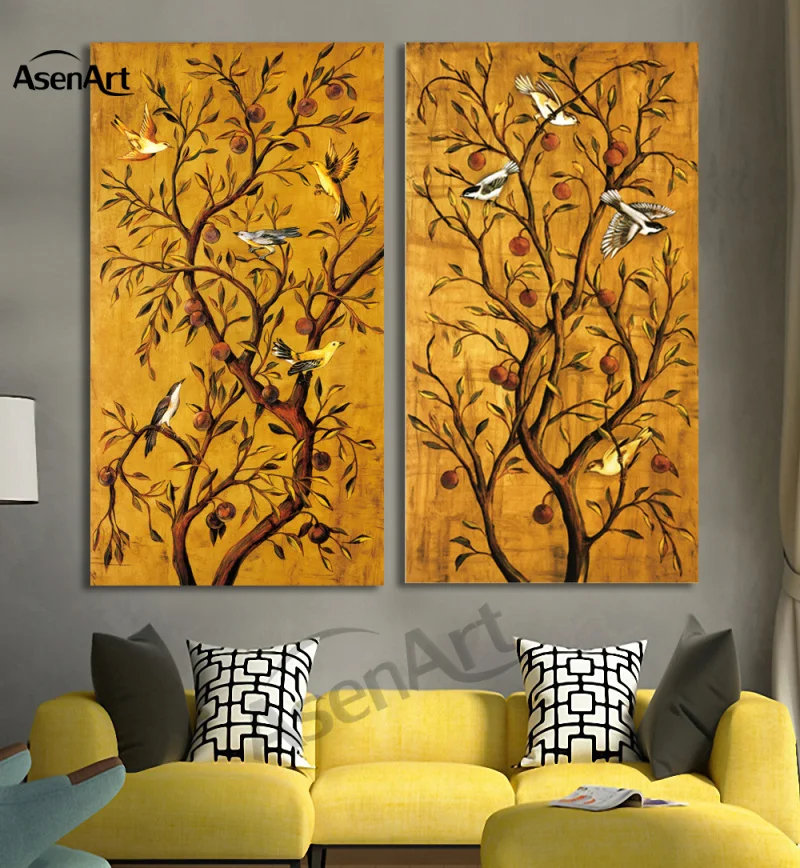 Birds on Tree Painting, Vintage Paintings for Living Room, Modern Wall Art, Canvas Prints, Picture, No Frame, 2 Pcs Set