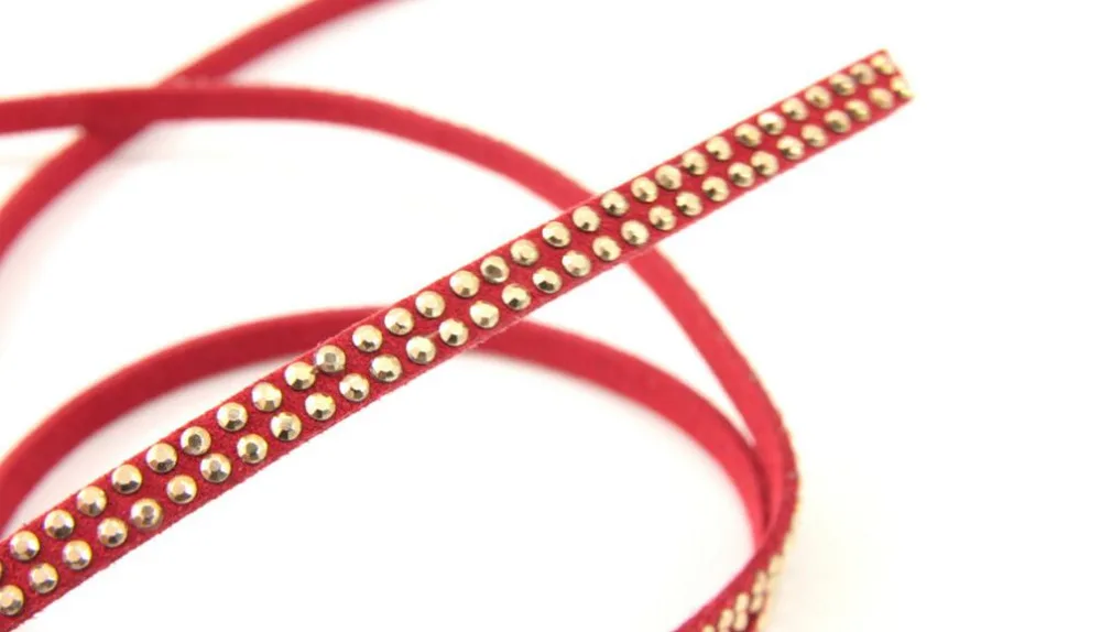 Free Ship 100 Meters 5mm*1.5mm Red  Flat Faux Suede Leather Cord With Two Lines Gold  Studs