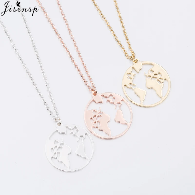 Jisensp Stainless Steel Origami World Map Necklace for Women Simple Jewelry Round Necklaces Pendants Earth Day Gift bijoux femme