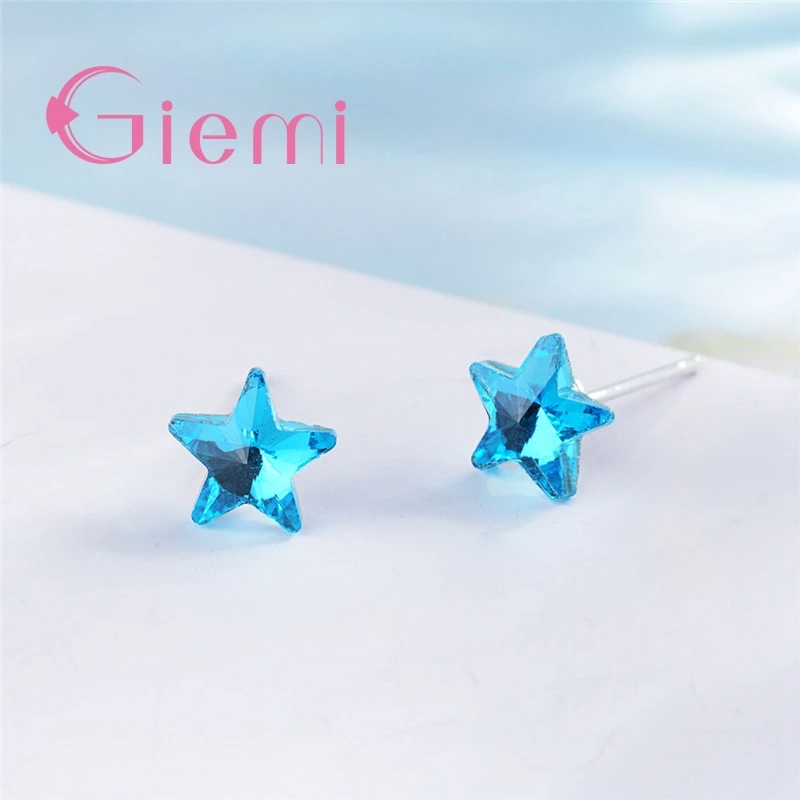 Glamorous Bright Shining Star Inly Blue Water Cube Crystal Women Stud Earrings  Pure Silver Girls Popular Gifts Top Sale