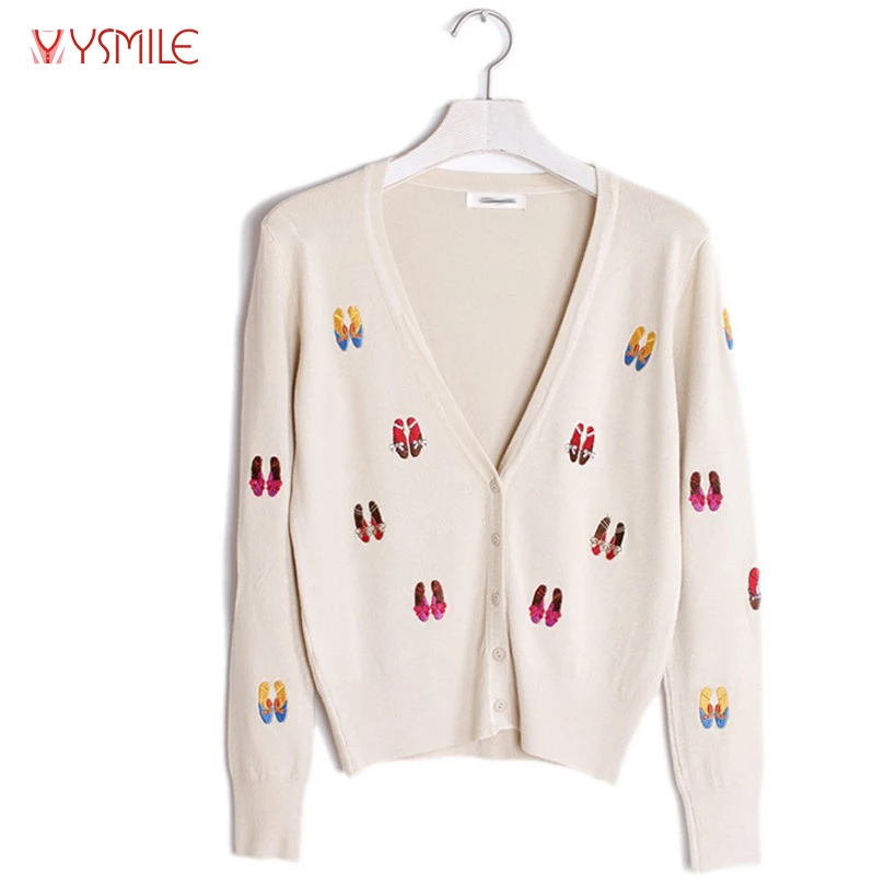 YSMILE Y Women Spring Autumn Sweater Tops V Neck Regular Sleeve Shoes Embroidery Fashion Short Knitting Cardigan For Lady