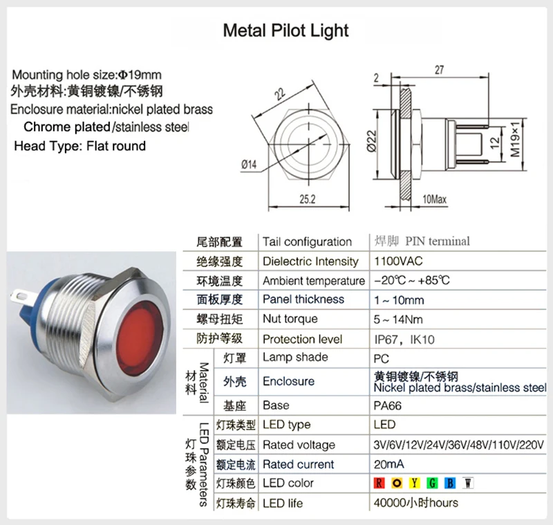 Imagem -06 - Abbeycon-indicador de Led Lâmpada de Led Redonda à Prova Dágua 19 mm em Inoxidável Ip67