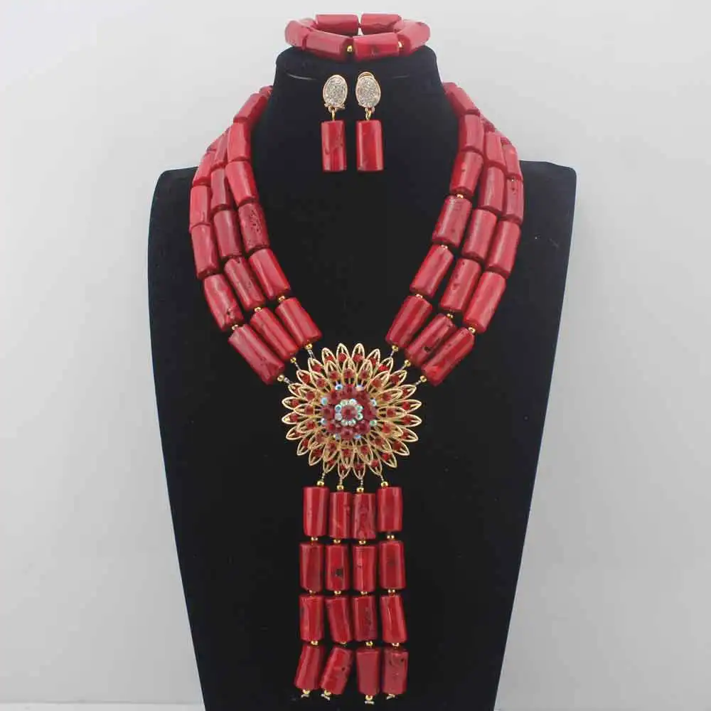 

Fashion Red Coral Pendant Necklace Set nigerian Wedding African beads Jewelry Set Bridesmaid Necklace sets W13917