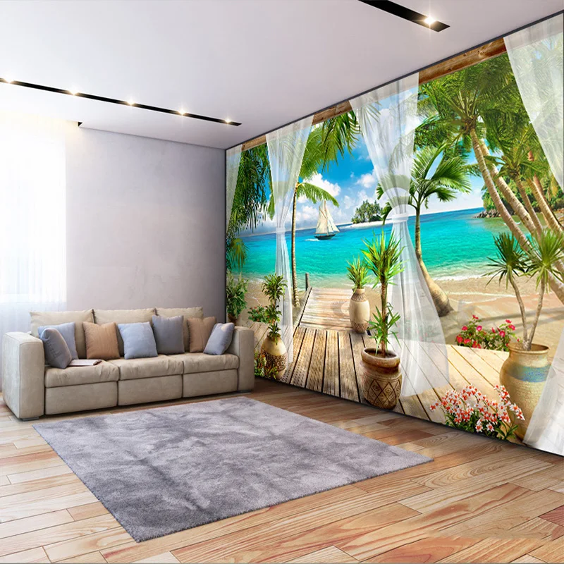 

Coconut tree curtains flowersand grass Mural Modern 3D Balcony Sea View Poster Background Sticker room decoration accessories