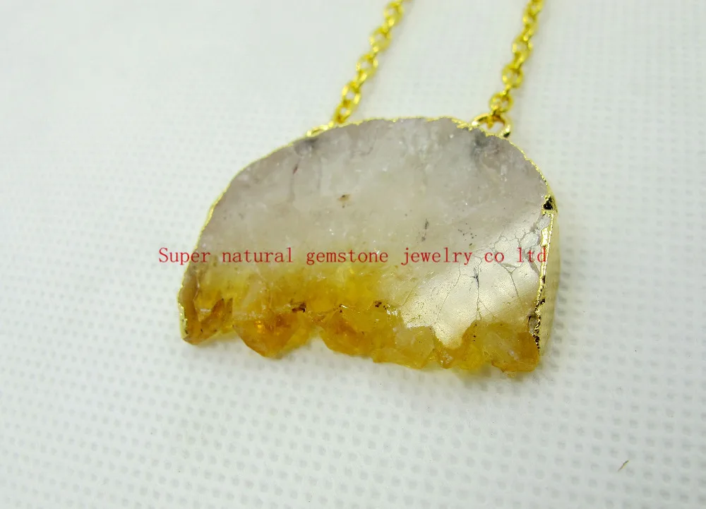 New Arrived Natural Citrine Quartz Geode Drusy Pendant Slice Necklace with Gold chain 18