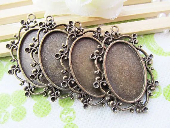 5pcs Antique Silver tone/Antique Bronze Oval Flower Border Base Setting Tray Bezel Pendant Charm,Fit 20mmx30mm Cabochon/Cameo