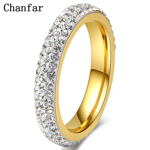 Chanfar Full Size 3 Rows Clear Crystal Ring For Women Men Stainless Steel Wedding Rings Women Girl Party Jewelry Gift