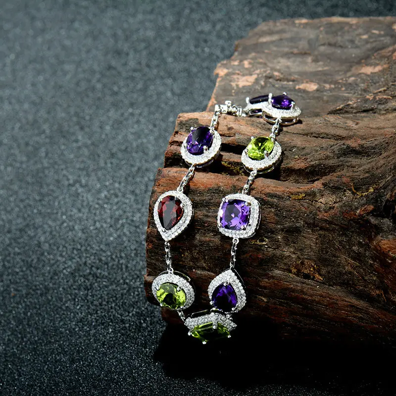 

LANMI Vintage Unqiue Bracelet Solid 14Kt White Gold Natural Amethyst Peridot Garnet Bracelets Luxury Design Party Jewelry