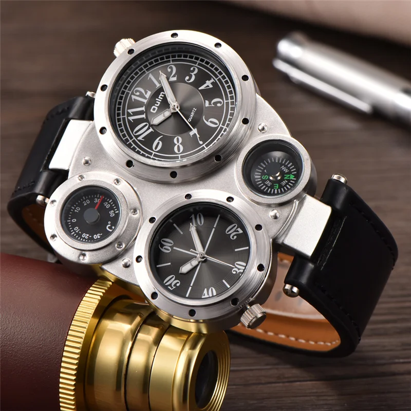 Oulm Unique Sports Men\'s Watches Top Brand Luxury 2 Time Zone Quartz Watch Decorative Compass Male Wrist Watch