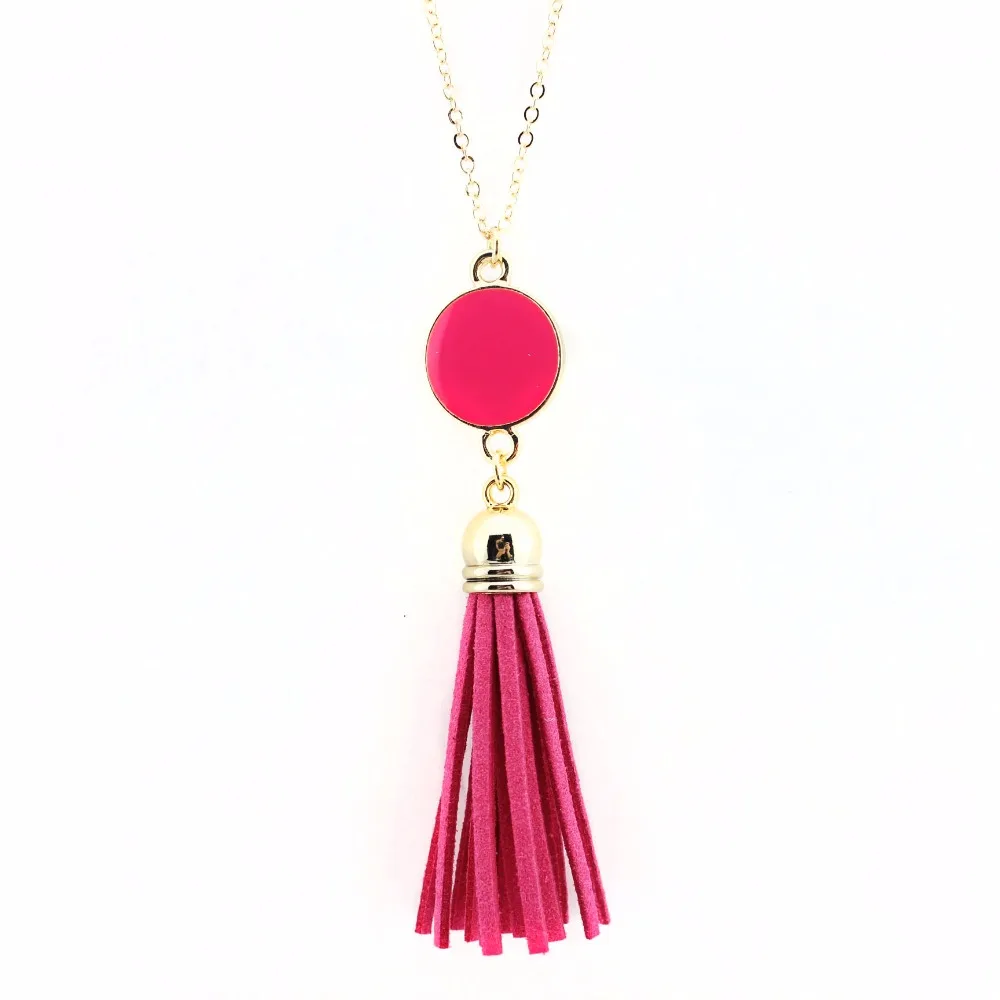 Monogram Enamel Disc Leather Tassel Long China Pendant Necklace for Women Fashion Jewelry