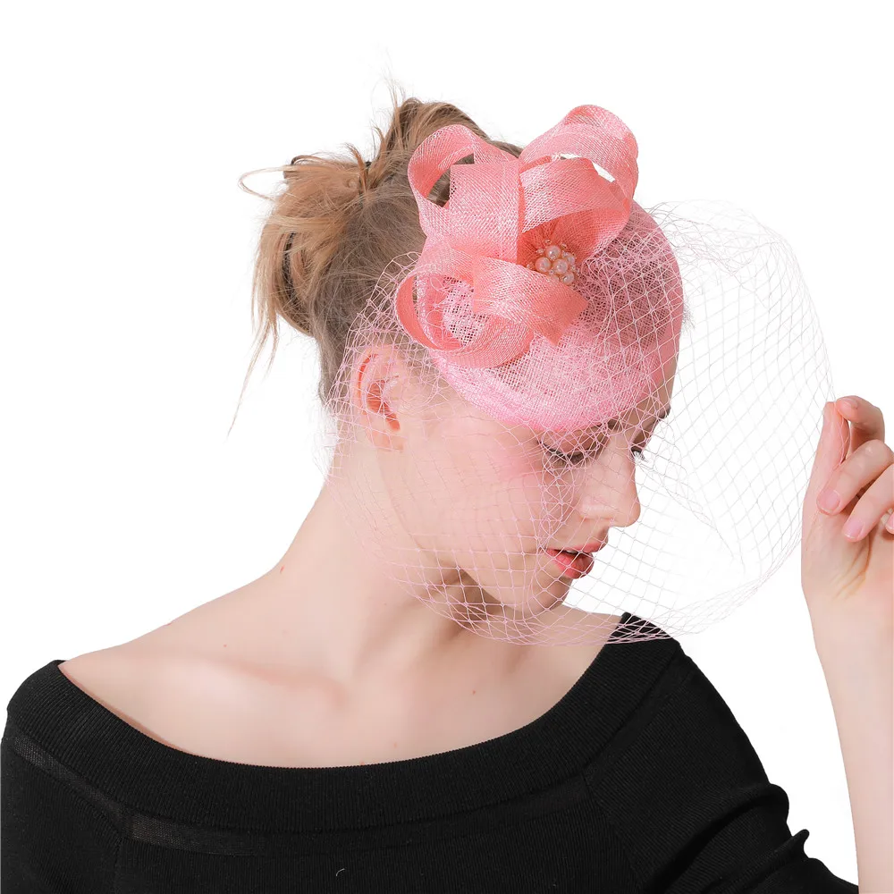 Women Pink Fashion Veils Fascinator Hats Hair Clip Bridal New Classic Headpiece Wedding Hair Accessories Headband Race Derby