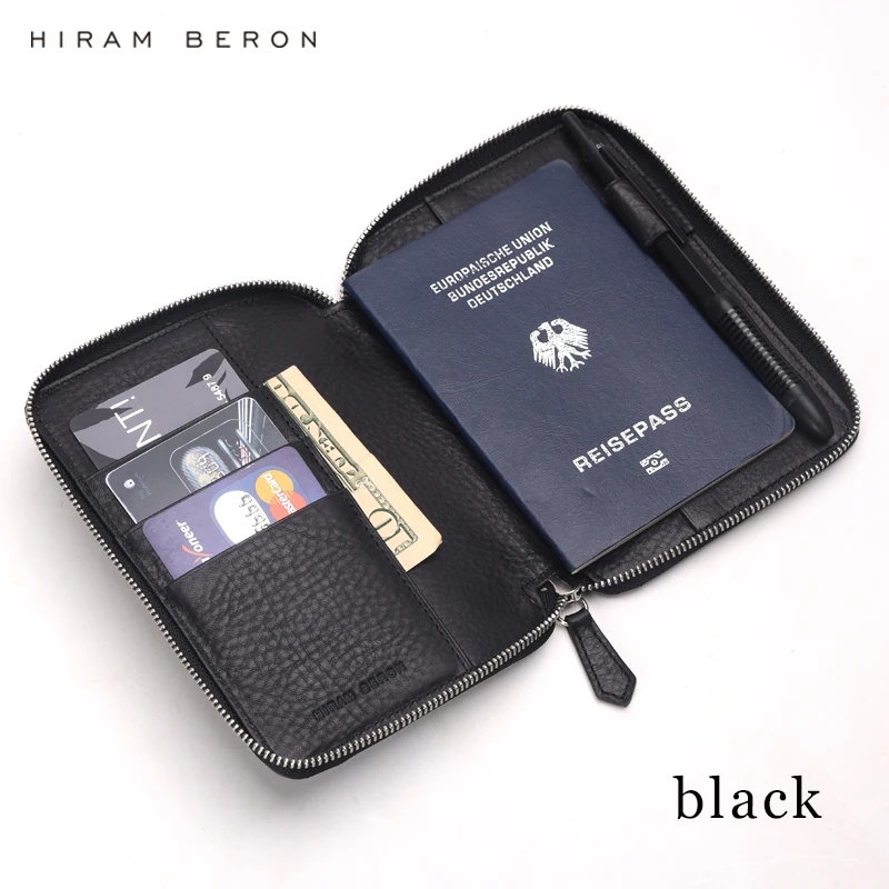 Hiram Beron Gift Passport Holder Cover Large Capacity RFID Blocking Zipper Genuine Wallet Gift for Friend Family