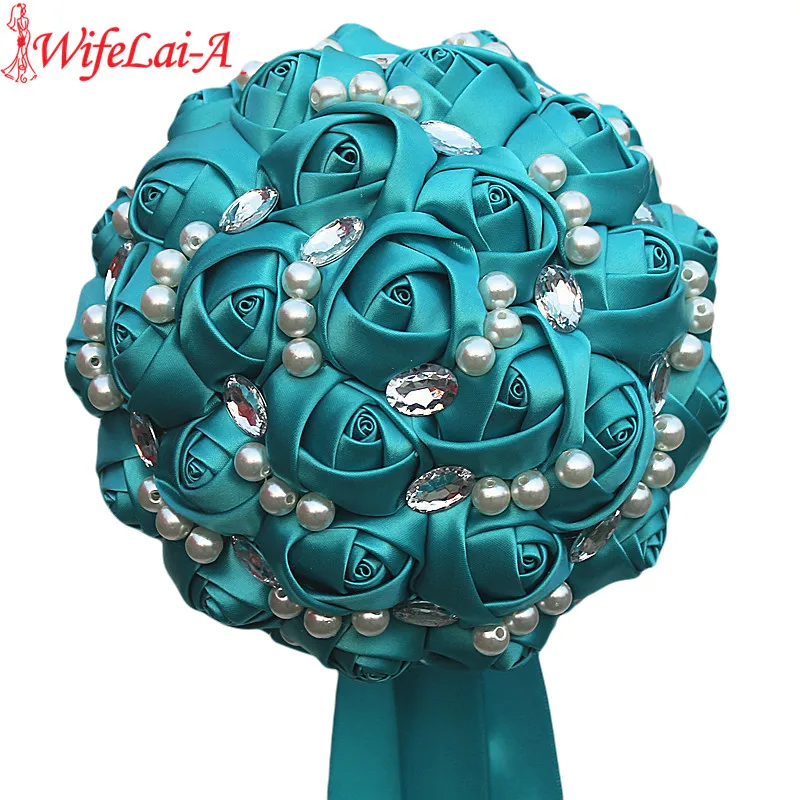 

WifeLai-A Blue Rose Pearls Rhinestone Brooch Wedding Bouquets buque de noiva Bridal Wedding Ribbon Flowers Bouquets W234-27