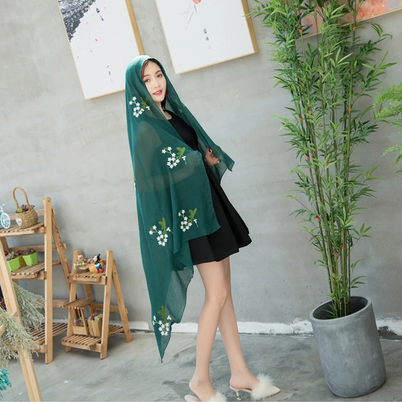 Vintage Style Flower Embroidered Women Scarfs Oversized Long Cotton Linen Casual Retro Shawls and Scarves Ladies Beach Shawl