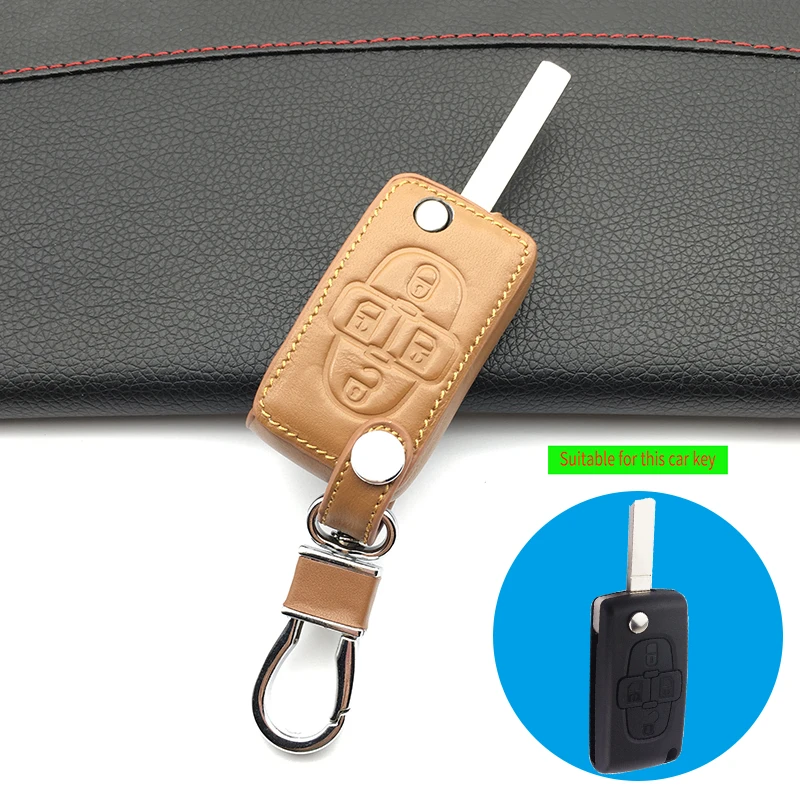 2018 Hot Sale Key fob 100% genuine leather case cover skin shell cover For Peugeot 1007 807 4 Buttons Fold Key Protective shell