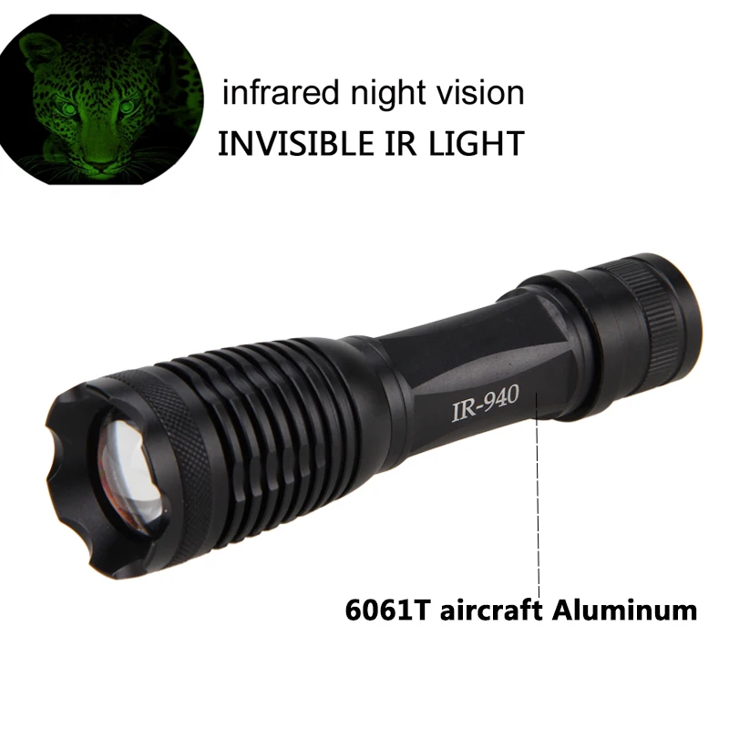 3W 940 nm LED Flashlight Torch Zoomable Focus Infrared Radiation IR Lamp Night Vision Hunting Torch+20mm Rail Scope Mount+18650