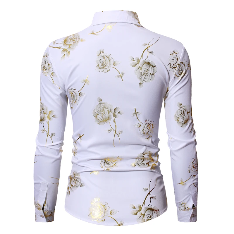 Herren Gold Rose Floral Print Shirts Marke Floral Steampunk Chemise Weiß Langarm Hochzeit Party Bronzing Camisa Masculina