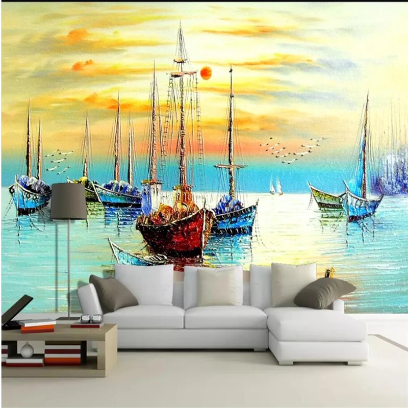 

wellyu Beautiful oil painting smooth sailing sea view TV backdrop custom large mural green silk wallpaper papel de parede