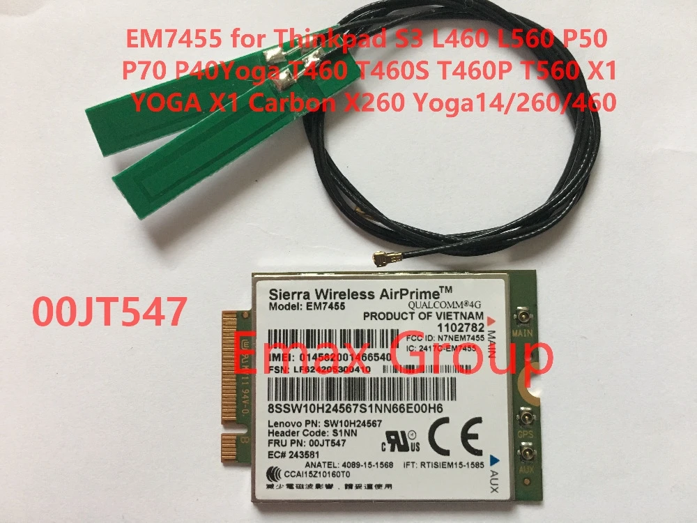 EM7455 FRU 00JT547+Antenna for Thinkpad X1 Carbon 5th Gen,L460 L560 P70 T460S T460P T560 X1 YOGA ,X1 Carbon 4th Gen, X260