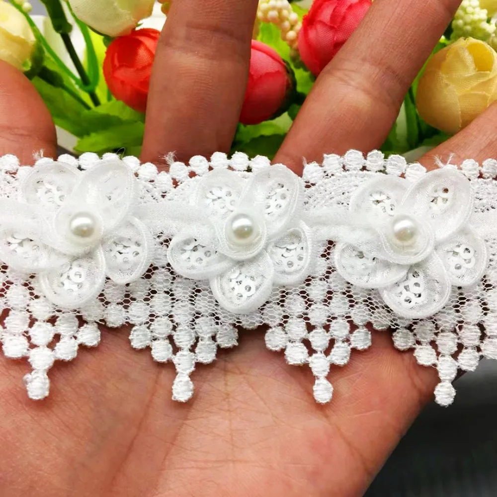 

20Pcs Sequin Ribbon Plum Flowers Pearl Lace Edge Trimmings Ribbons Beaded Lace Fabric Embroidered Sewing Wedding Dress Clothes