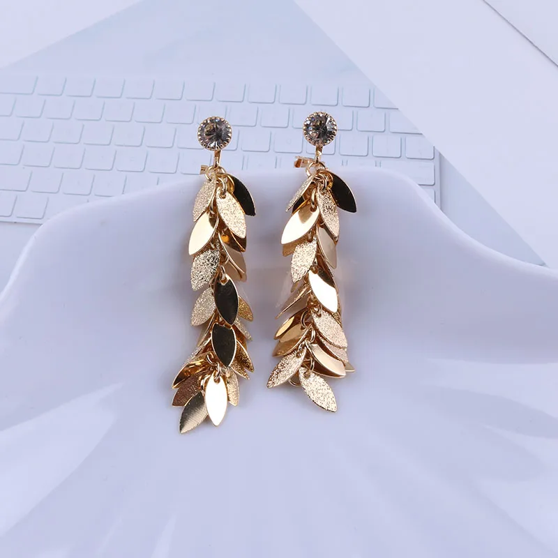 Bohemia Ethnic Vintage Copper Leaves Sequins Tassel Long Clip Earrings Without Piercing For Women Luxury Wedding Dangle Ear Clip