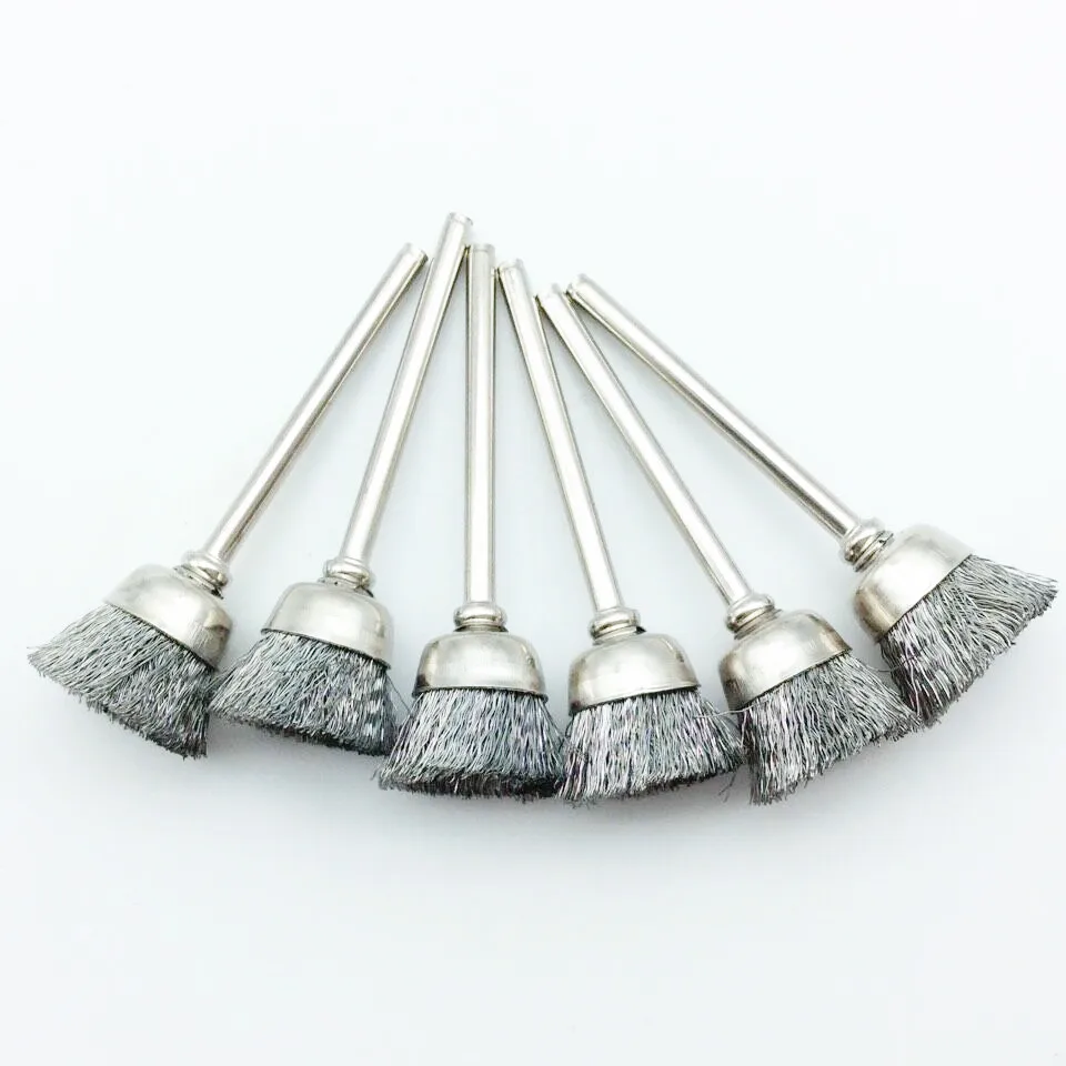 Cepillo abrasivo de copa de alambre de acero inoxidable, herramienta rotativa compatible con herramienta de pulido Dremel, vástago de 100 pulgadas, 1/8 Uds.