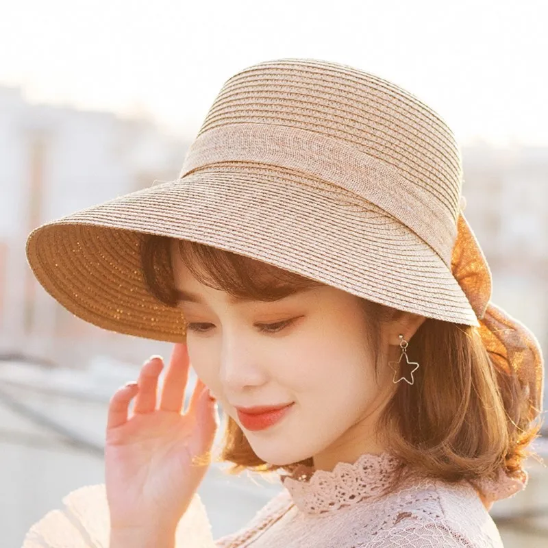 Lady New Bowknot Straw Hat Adult Summer Sunscreen Leisure Cap Wide Brim Students Fresh Raffia Shading Sun Cap Foldable