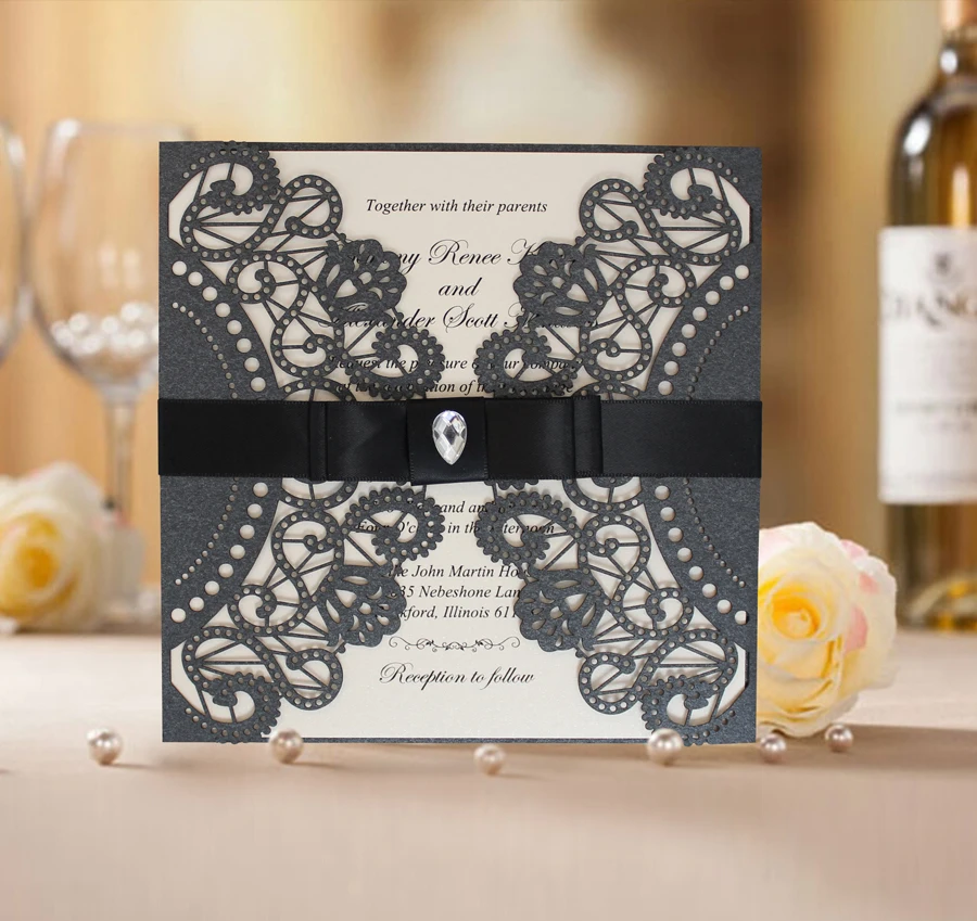 Black Lace Wedding Invitation Design; Black Invitation Cards with Ribbon Bow - Set of 50