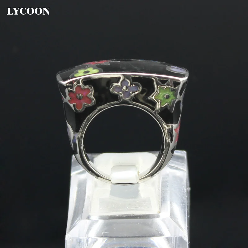 LYCOON Fashion woman colorful flowers resin rings 316L stainless steel polish Imported black Enamel ring in square shape SUK0009