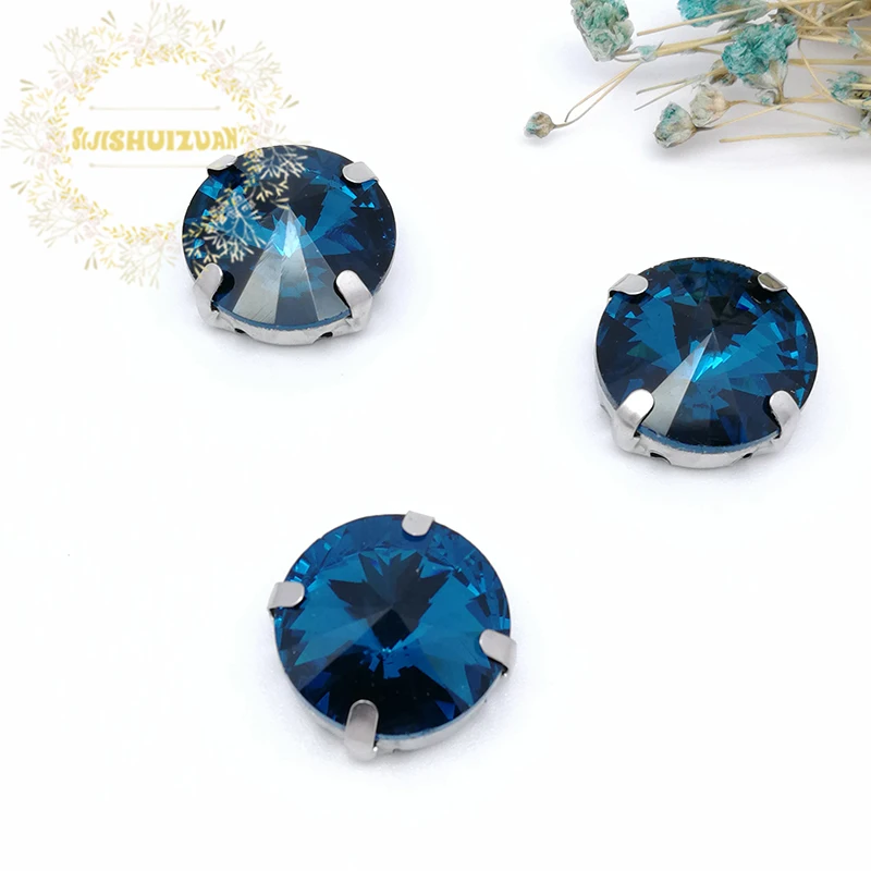 Best-selling Circular Satellite Peacock blue Crystal Glass Sewing Rhinestones Whith Claw DIY Jeans Woman and Wedding Dresses