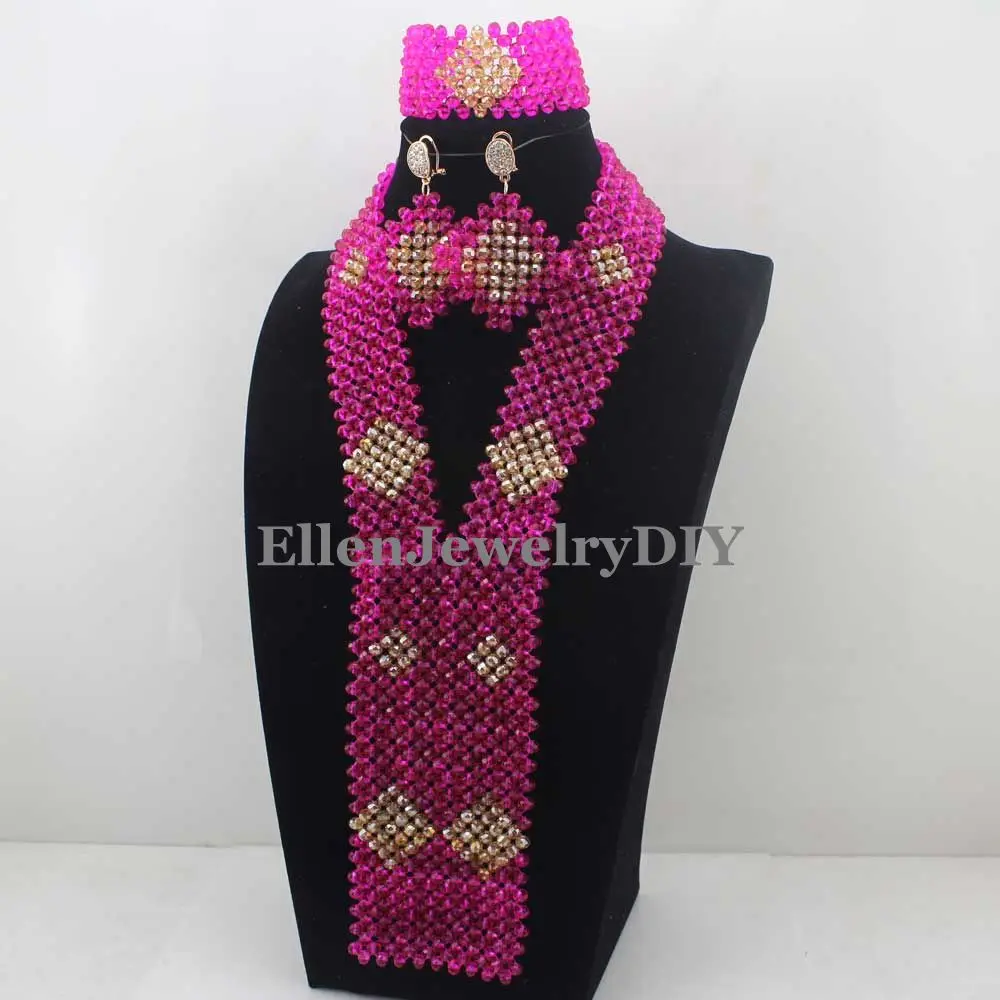 Fuchsia Hot Pink Crystal Bib Statement Necklace Set Traditional Nigerian Wedding Jewelry Set for Brides Free ShippingW12976